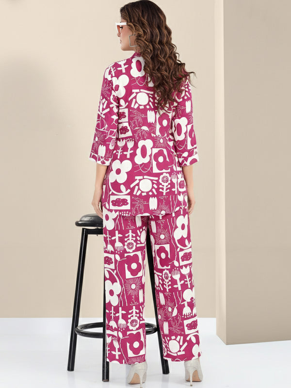 Rayon Abstract Leaf Print Top With Trousers Co-Ord Set For Women