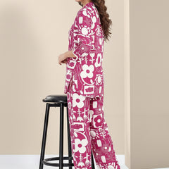 Rayon Abstract Leaf Print Top With Trousers Co-Ord Set For Women