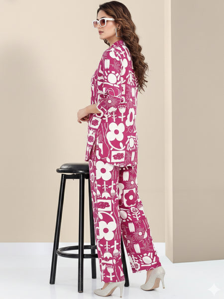 Rayon Abstract Leaf Print Top With Trousers Co-Ord Set For Women