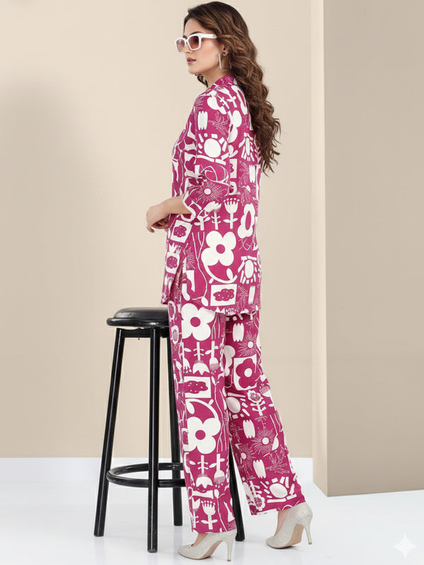 Rayon Abstract Leaf Print Top With Trousers Co-Ord Set For Women
