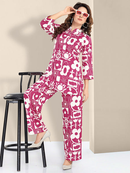 Rayon Abstract Leaf Print Top With Trousers Co-Ord Set For Women