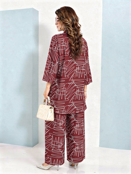 Rayon White Abstract Scribble Print Top With Trousers Co-Ord Set For Women