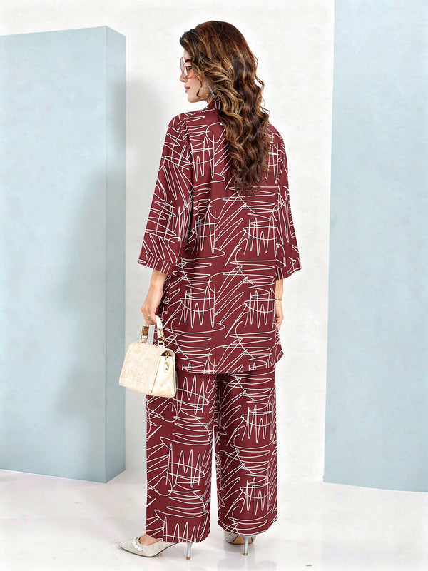 Rayon White Abstract Scribble Print Top With Trousers Co-Ord Set For Women