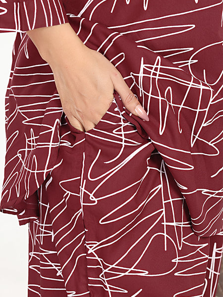 Rayon White Abstract Scribble Print Top With Trousers Co-Ord Set For Women