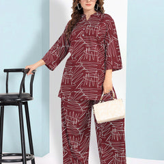 Rayon White Abstract Scribble Print Top With Trousers Co-Ord Set For Women