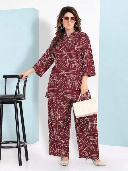 Rayon White Abstract Scribble Print Top With Trousers Co-Ord Set For Women
