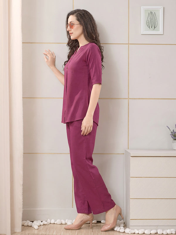 Sufiya Linen Solid Top With Trousers Co-Ord Set For Women