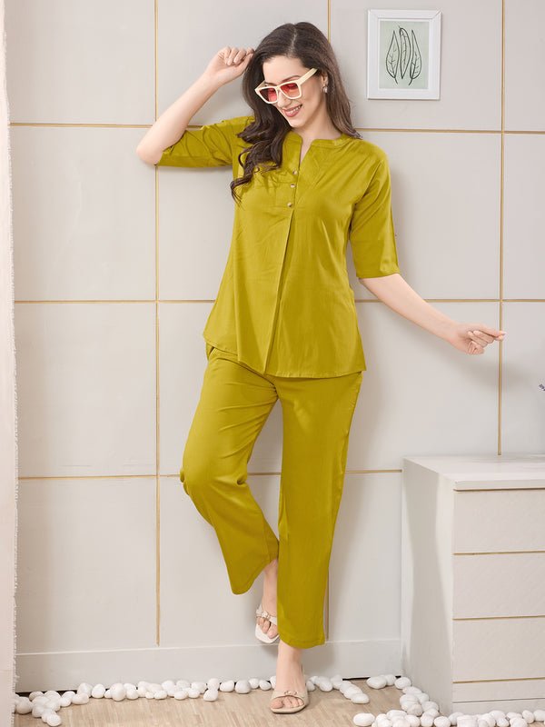 Sufiya Linen Solid Top With Trousers Co-Ord Set For Women