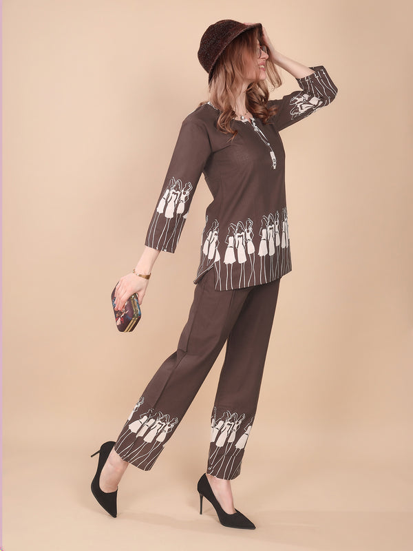 Linen Printed Tunic With Trousers Co-Ord Set For Women