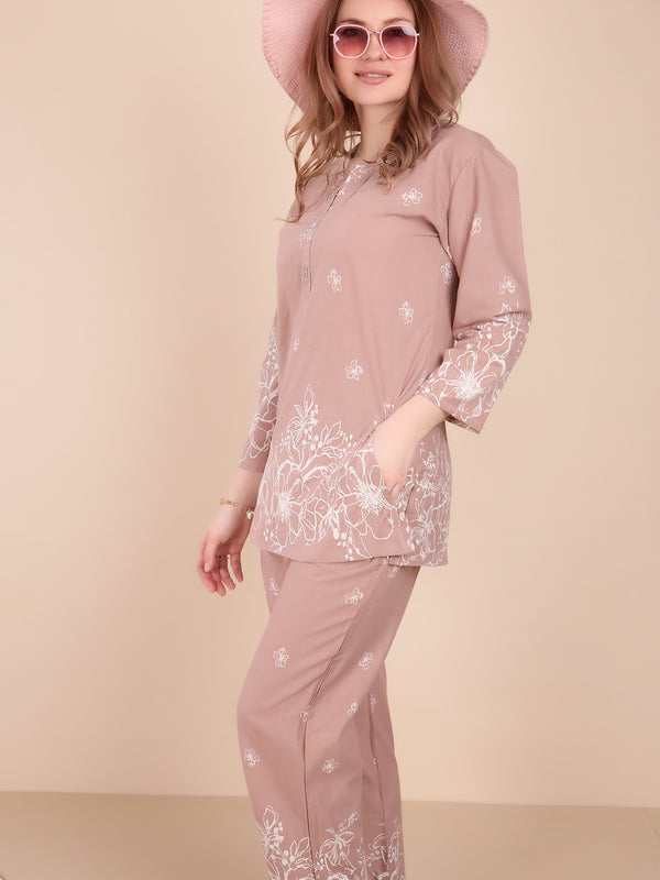 Linen Printed Tunic With Trousers Co-Ord Set For Women