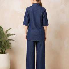 Denim Solid Shirt With Trousers Co-Ord Set For Women