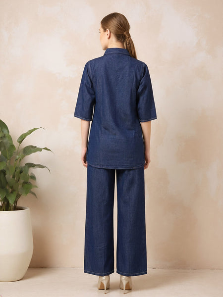 Denim Solid Shirt With Trousers Co-Ord Set For Women
