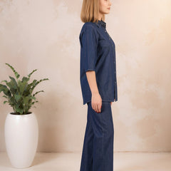 Denim Solid Shirt With Trousers Co-Ord Set For Women