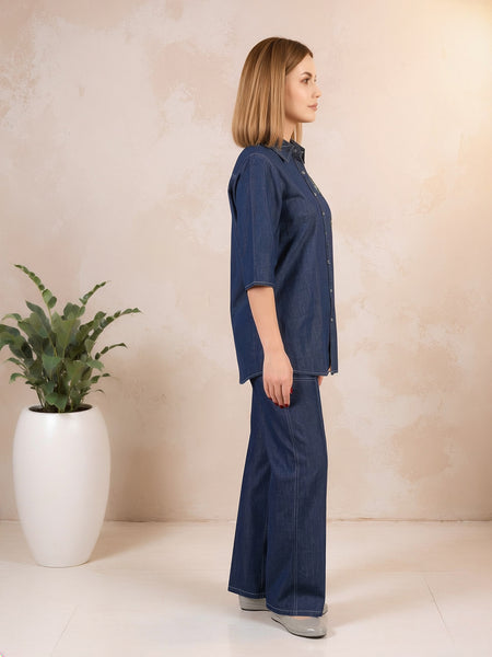 Denim Solid Shirt With Trousers Co-Ord Set For Women
