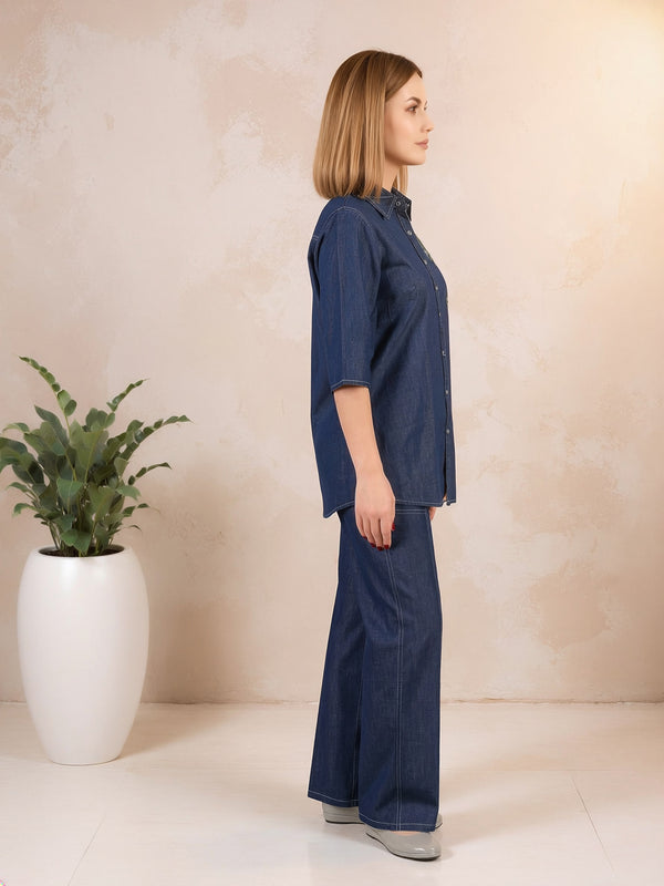 Denim Solid Shirt With Trousers Co-Ord Set For Women
