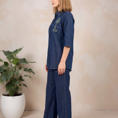 Denim Solid Shirt With Trousers Co-Ord Set For Women