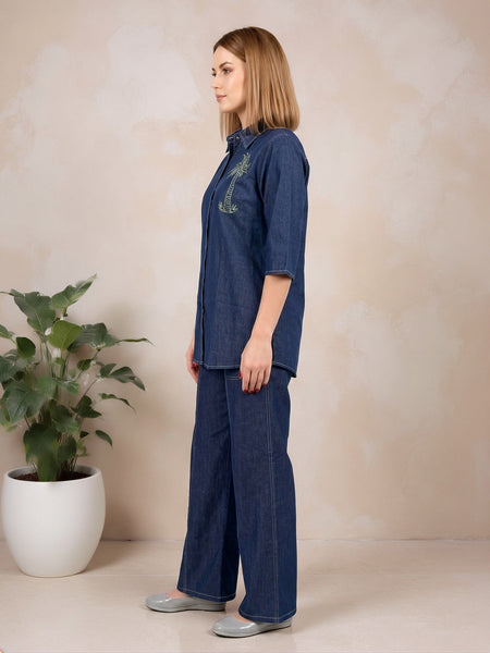 Denim Solid Shirt With Trousers Co-Ord Set For Women