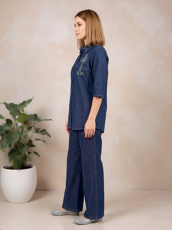 Denim Solid Shirt With Trousers Co-Ord Set For Women