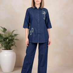 Denim Solid Shirt With Trousers Co-Ord Set For Women
