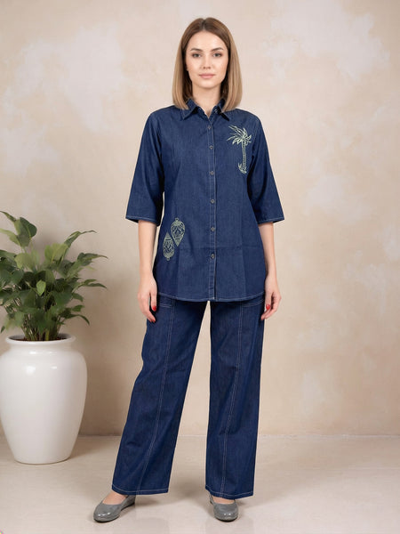 Denim Solid Shirt With Trousers Co-Ord Set For Women