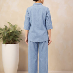 Denim Solid Shirt With Trousers Co-Ord Set For Women