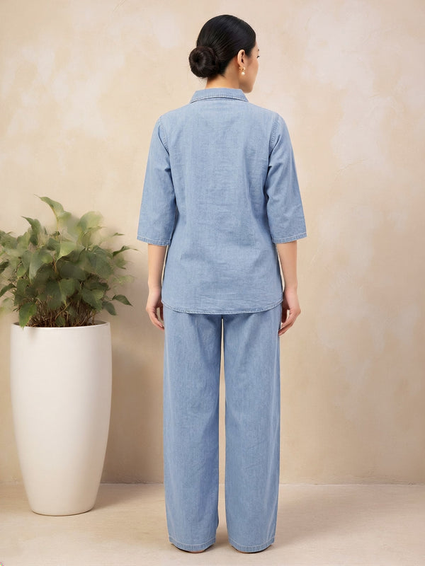 Denim Solid Shirt With Trousers Co-Ord Set For Women