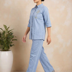Denim Solid Shirt With Trousers Co-Ord Set For Women