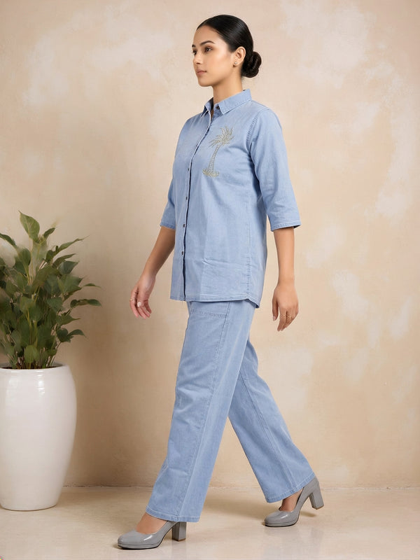 Denim Solid Shirt With Trousers Co-Ord Set For Women