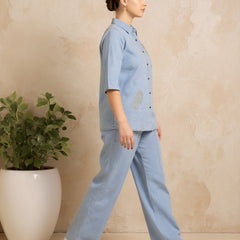 Denim Solid Shirt With Trousers Co-Ord Set For Women