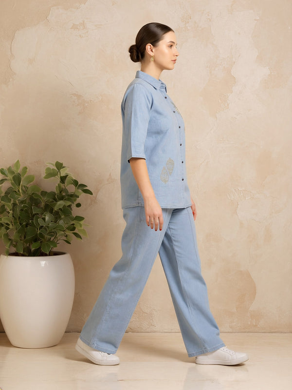 Denim Solid Shirt With Trousers Co-Ord Set For Women