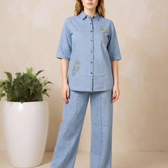 Denim Solid Shirt With Trousers Co-Ord Set For Women