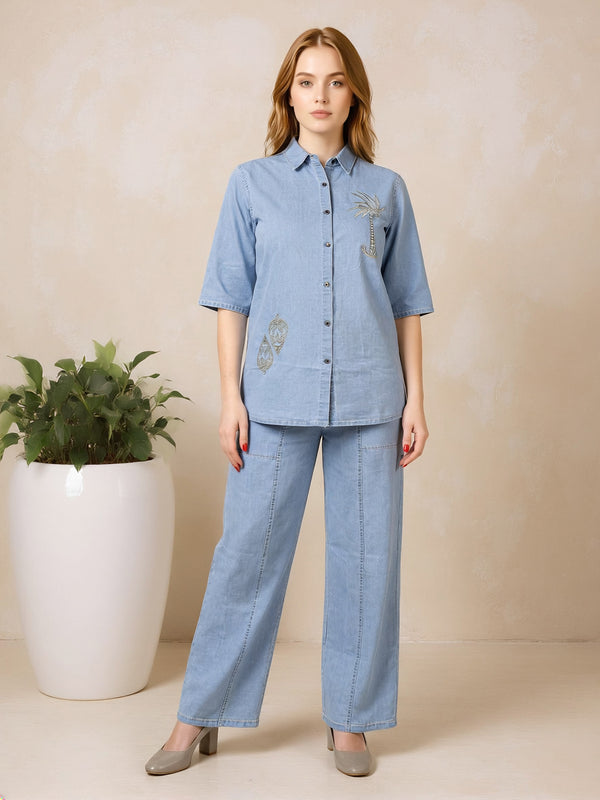 Denim Solid Shirt With Trousers Co-Ord Set For Women