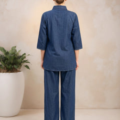 Denim Solid Shirt With Trousers Co-Ord Set For Women