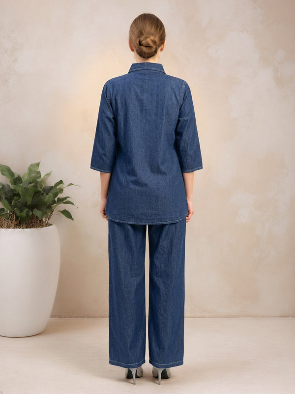 Denim Solid Shirt With Trousers Co-Ord Set For Women