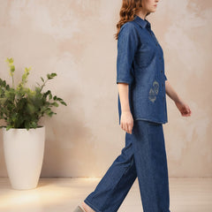 Denim Solid Shirt With Trousers Co-Ord Set For Women