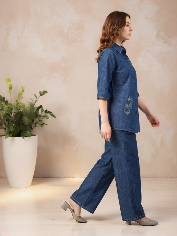 Denim Solid Shirt With Trousers Co-Ord Set For Women
