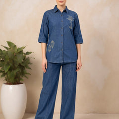 Denim Solid Shirt With Trousers Co-Ord Set For Women