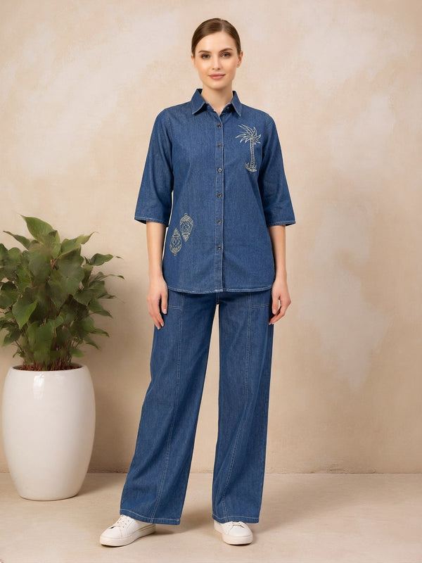 Denim Solid Shirt With Trousers Co-Ord Set For Women