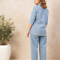 Denim Solid Shirt With Trousers Co-Ord Set For Women