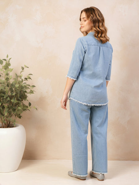 Denim Solid Shirt With Trousers Co-Ord Set For Women