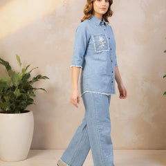 Denim Solid Shirt With Trousers Co-Ord Set For Women