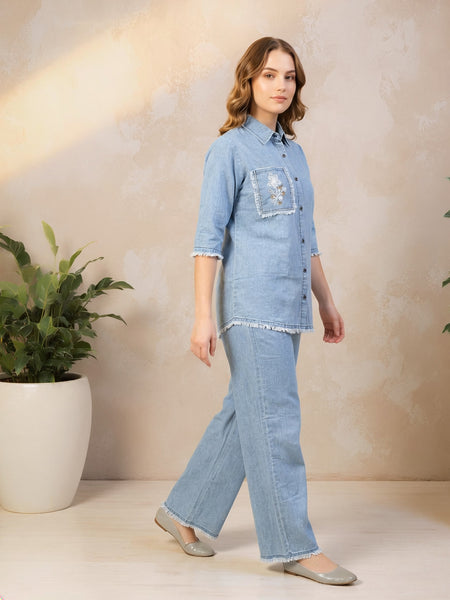 Denim Solid Shirt With Trousers Co-Ord Set For Women