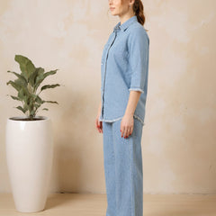 Denim Solid Shirt With Trousers Co-Ord Set For Women