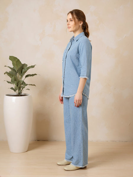 Denim Solid Shirt With Trousers Co-Ord Set For Women