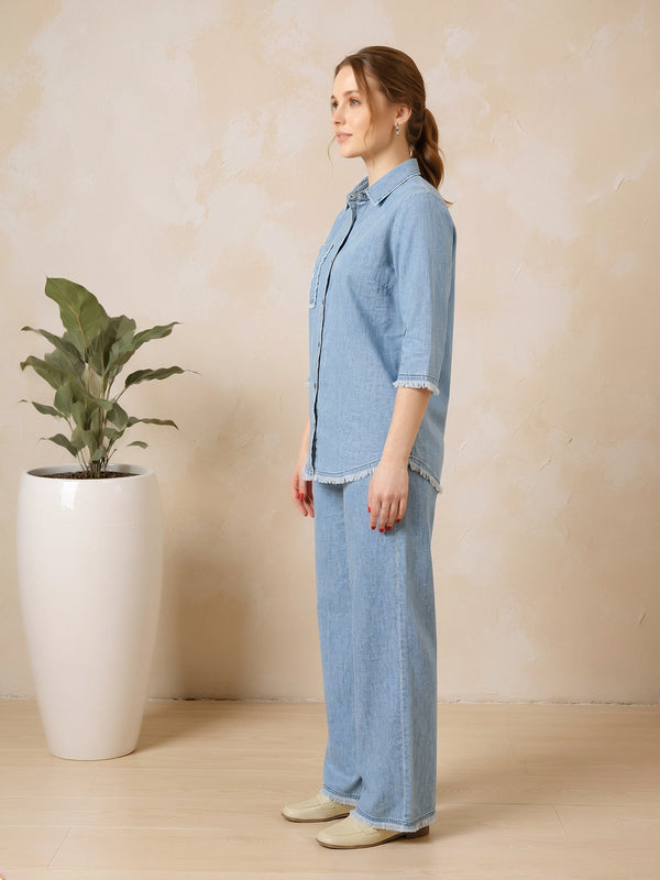 Denim Solid Shirt With Trousers Co-Ord Set For Women