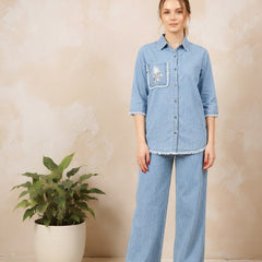 Denim Solid Shirt With Trousers Co-Ord Set For Women