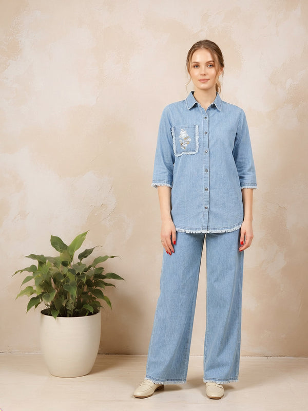 Denim Solid Shirt With Trousers Co-Ord Set For Women