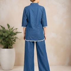 Denim Solid Shirt With Trousers Co-Ord Set For Women