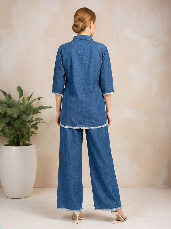 Denim Solid Shirt With Trousers Co-Ord Set For Women