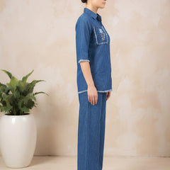Denim Solid Shirt With Trousers Co-Ord Set For Women